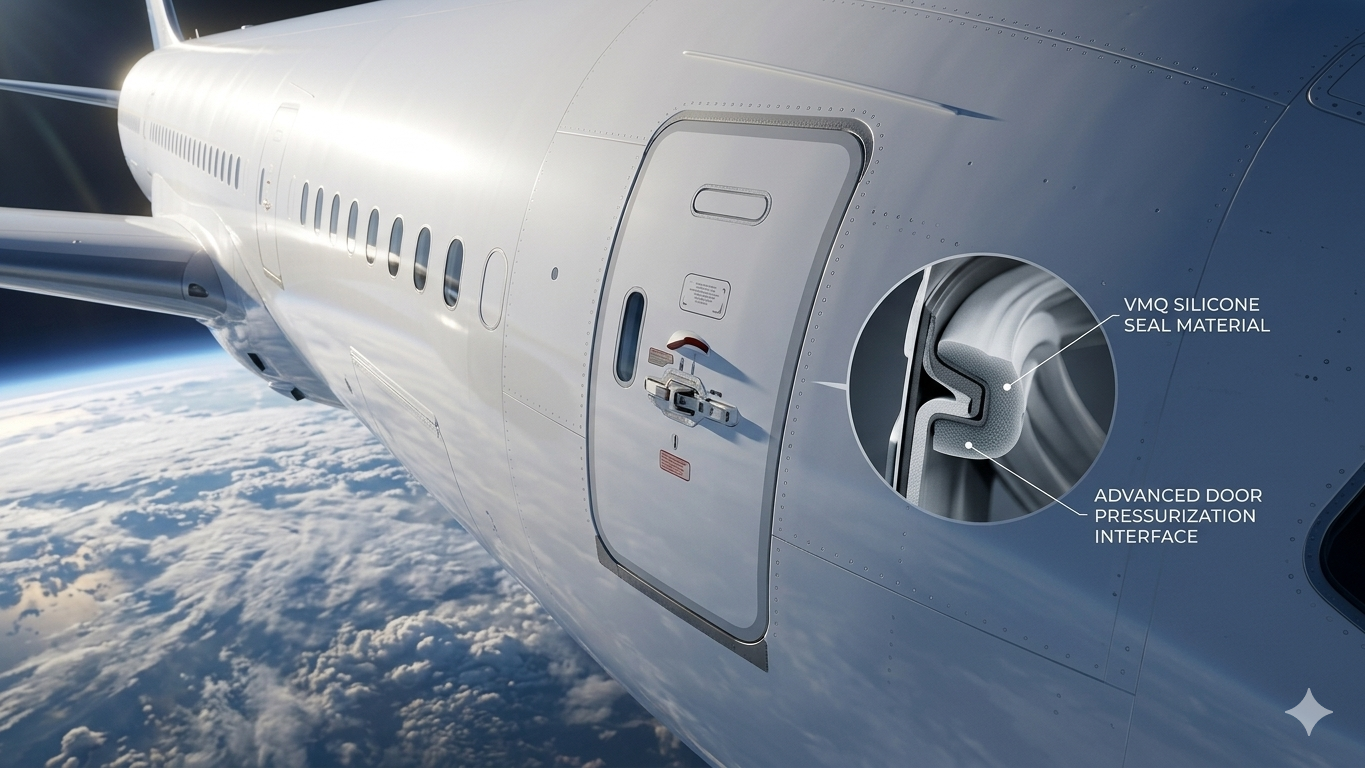 Commercial aircraft door showing VMQ silicone seal material at the pressurisation interface