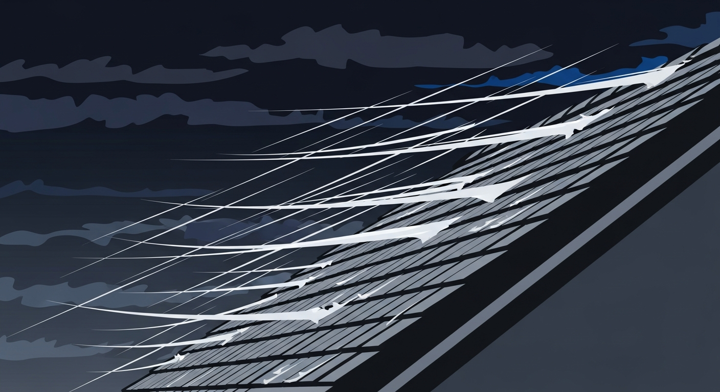 Graphic illustration of wind-driven rain hitting a roof in a storm