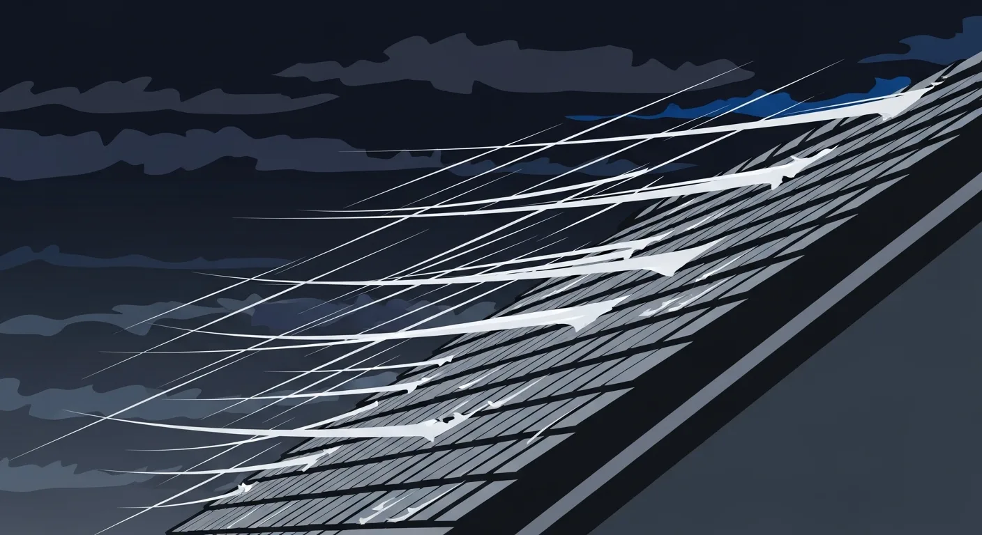 Graphic illustration of wind-driven rain hitting a roof in a storm