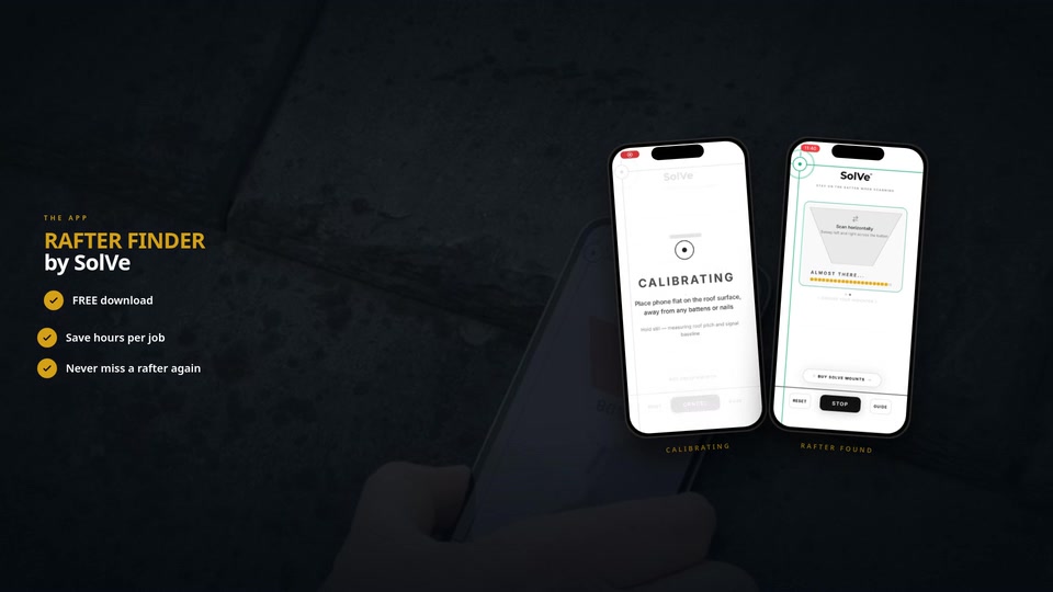 Rafter Finder app promo — locating a roof rafter through slate tiles in seconds